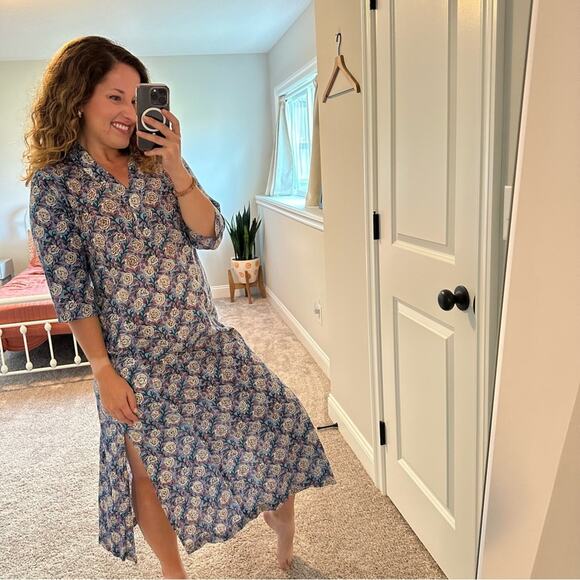 Handmade Blue Floral Cotton Blocked Printed Maxi Dress Small - Picture 2 of 9